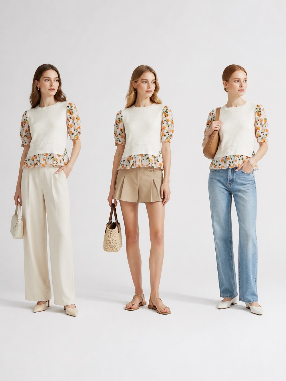 Anthropologie Layered Poplin Women XS Floral Puff-Sleeve Knit Peplum SweaterTop
